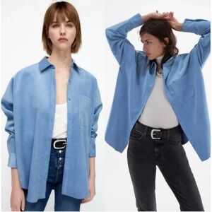Zara Women’s Fine Corduroy Oversized Shirt /Pockets Blue Size Small